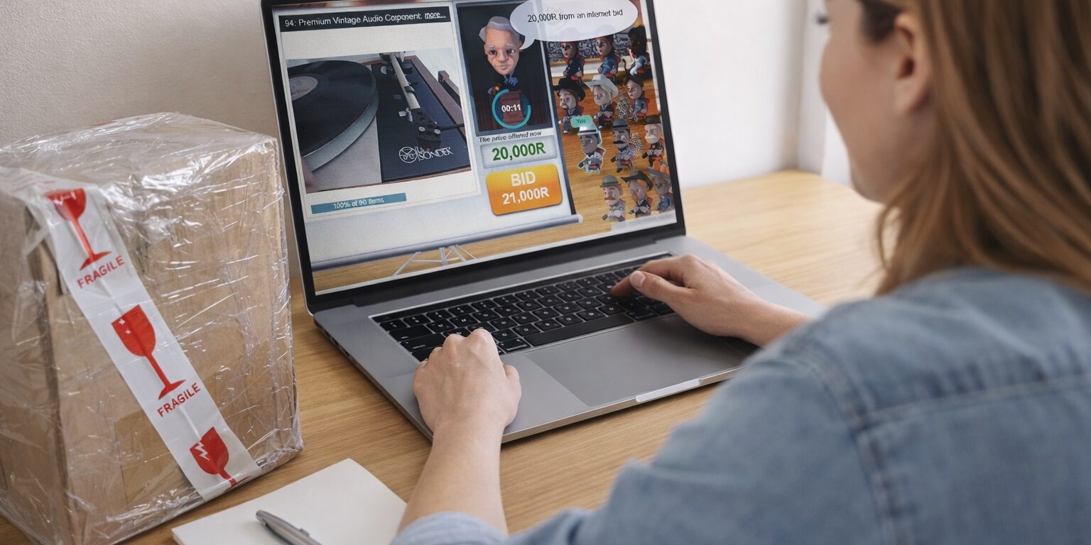 Woman bidding in a live online auction in South Africa, viewing auction lot on laptop with packaged item on desk